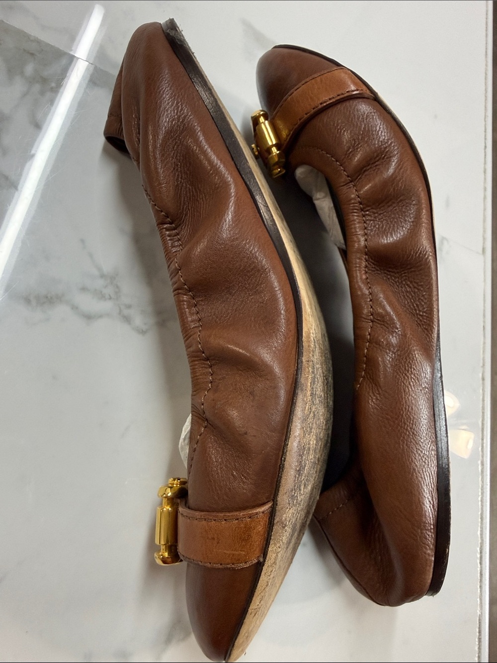 Burberry Tan Brown Leather Ballet Flats with Gold Buckle - Picture 4 of 7